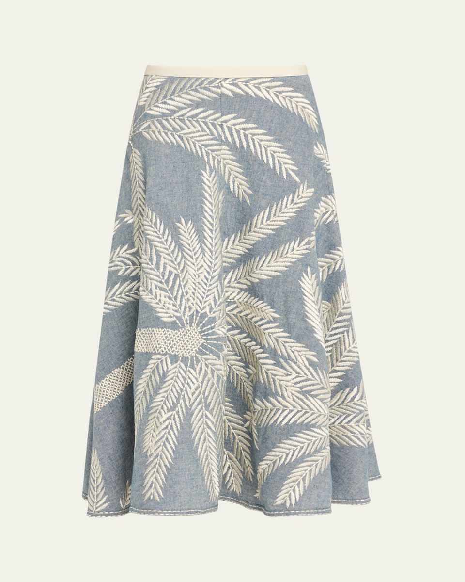 Tasha 3 Palm Embroidered Midi Skirt